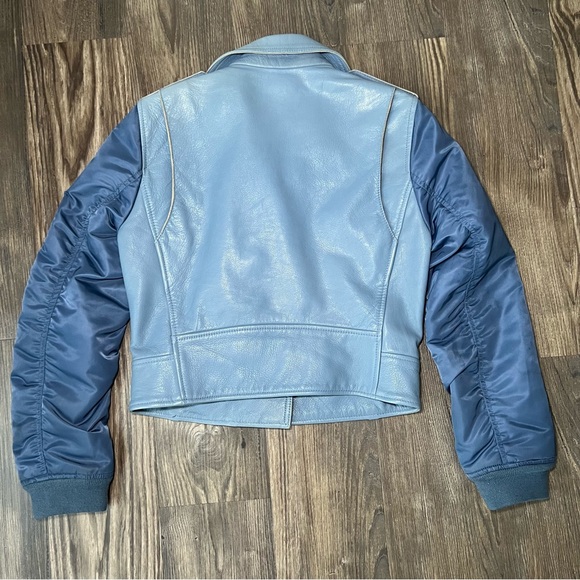 Sandro Blue Goat Leather Coat Biker Moto Bomber Jacket with Pleated Sleeves - Picture 4 of 16